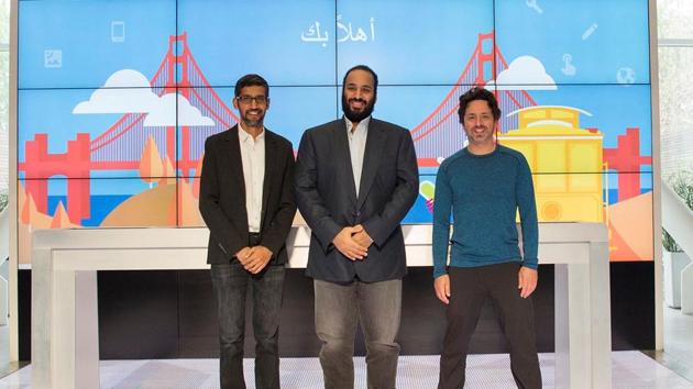 Saudi Arabia's crown prince Mohammed Bin Salman (centre) poses for camera during his visit to Google, Silicon Valley, April 6, 2018(REUTERS)