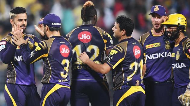 Kolkata Knight Riders (KKR) bowler Nitish Rana (L) celebrates with teammates after taking the big wicket of Royal Challengers Bangalore (RCB) captain Virat Kohli during their 2018 Indian Premier League (IPL) match at the Eden Gardens in Kolkata on Sunday.(AFP) Kolkata Knight Riders (KKR) bowler Nitish Rana (L) celebrates with teammates after taking the big wicket of Royal Challengers Bangalore (RCB) captain Virat Kohli during their 2018 Indian Premier League (IPL) match at the Eden Gardens in Kolkata on Sunday.(AFP)