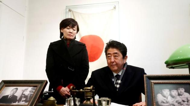 Japan's Prime Minister Shinzo Abe and his wife Akie Abe visit a former home of Chiune Sugihara, a Jew-saving Japanese diplomat, in Kaunas, Lithuania January 14, 2018.(Reuters File)