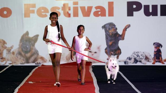 The PetYo festival was filled with fun and frolic as owners walked the ramp with their pets at Amanora Club House in Pune on April 8. (RAHUL RAUT/HT PHOTO)