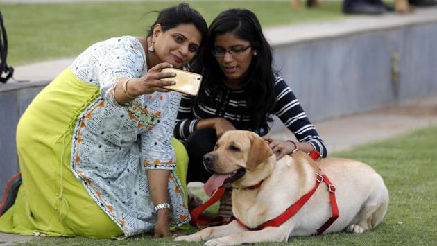 Visitors at the PetYo festival taking a selfie with a labrador at Amanora Club House in Pune on April 8. (RAHUL RAUT/HT PHOTO)