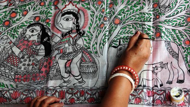 Mithila paintings are done with fingers, twigs, brushes, nib-pens and matchsticks. Artists use natural dyes and pigments, and depict scenes from daily life in the region of from epic texts in geometric style. Flora, fauna and natural motifs fill up the empty spaces. (Prakash Singh / AFP) Mithila paintings are done with fingers, twigs, brushes, nib-pens and matchsticks. Artists use natural dyes and pigments, and depict scenes from daily life in the region of from epic texts in geometric style. Flora, fauna and natural motifs fill up the empty spaces. (Prakash Singh / AFP)