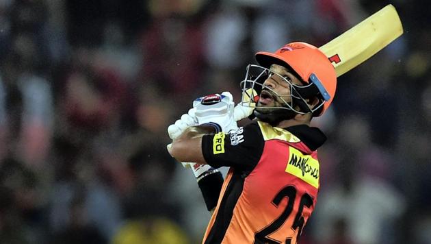 Shikhar Dhawan in action during match four of the Indian Premier League 2018 (IPL 2018) between Sunrisers Hyderabad and Rajasthan Royals at the Rajiv Gandhi International Cricket Stadium in Hyderabad.(PTI)