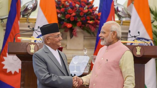 Prime Minister Narendra Modi with his Nepalese counterpart Khadga Prasad Oli, Hyderabad House, New Delhi April 7, 2018(PTI)
