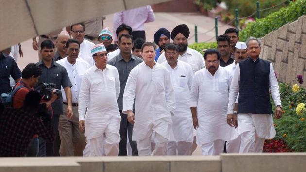 Congress president Rahul Gandhi arrives at Rajghat before stating day-long fast against caste violence, communalism and the non-functioning of Parliament at Rajghat, in New Delhi on Monday. (PTI Photo) Congress president Rahul Gandhi arrives at Rajghat before stating day-long fast against caste violence, communalism and the non-functioning of Parliament at Rajghat, in New Delhi on Monday. (PTI Photo)