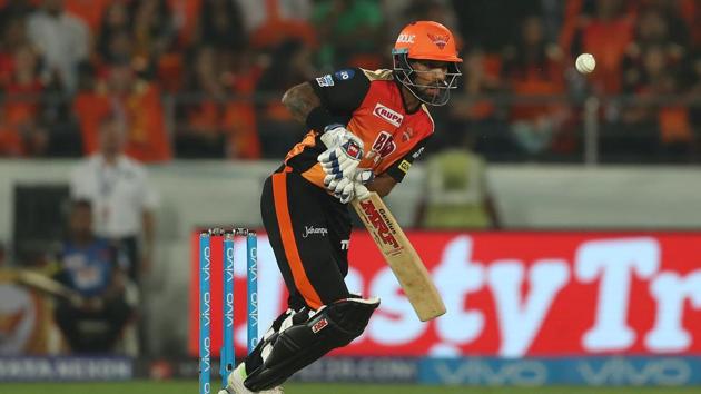 Shikhar Dhawan in action during match four of the Indian Premier League 2018 (IPL 2018) between the Sunrisers Hyderabad and Rajasthan Royals at the Rajiv Gandhi International Cricket Stadium in Hyderabad. Get full cricket score of Sunrisers Hyderabad vs Rajasthan Royals, IPL 2018, here(BCCI)