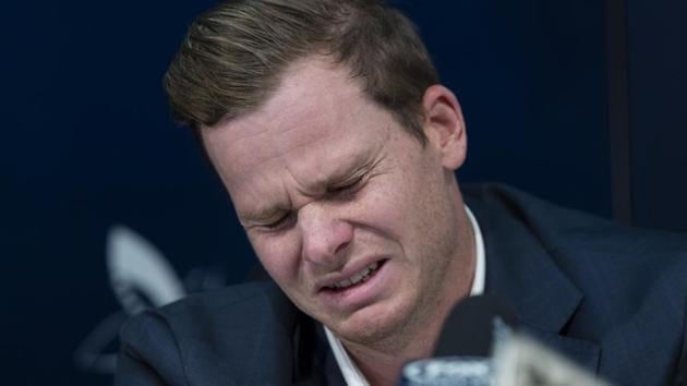 An emotional Steve Smith, the former Australian cricket team captain, fronts the media at Sydney International Airport on March 29, 2018. Steve Smith, David Warner and Cameron Bancroft were flown back to Australia following investigations into alleged ball tampering in South Africa.(Getty Images)