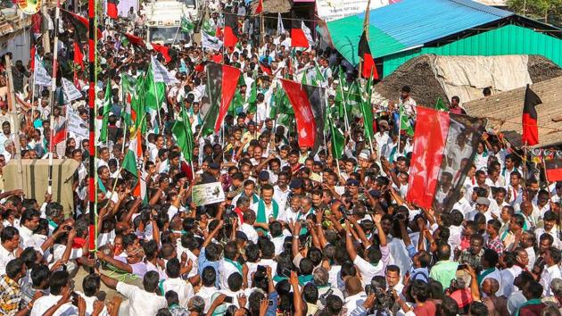 DMK working president MK Stalin during the third day of a rally over the Cauvery dispute, seeking immediate constitution of a Cauvery Management Board, Thanjavur, April 9(PTI)