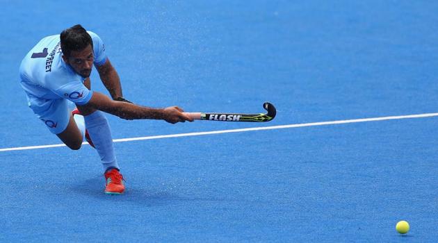 Harmanpreet Singh scored two penalty corners as Indian men’s hockey team booked a semi-final spot with the win against Malaysia in the 2018 Commonwealth Games (CWG 2018) in Gold Coast.(Getty Images) Harmanpreet Singh scored two penalty corners as Indian men’s hockey team booked a semi-final spot with the win against Malaysia in the 2018 Commonwealth Games (CWG 2018) in Gold Coast.(Getty Images)