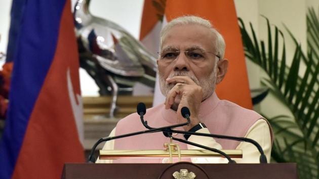 Prime Minister Narendra Modi addresses media at Hyderabad House in New Delhi on April 7.(Sonu Mehta/HT Photo)