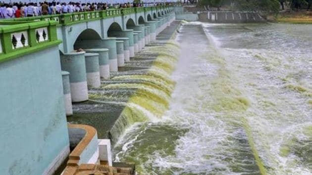 Cauvery river flowing in to Kallanai Dam in Tiruchirapalli district of Tamil Nadu.(PTI Photo)