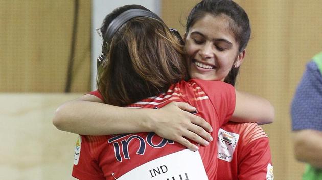 Silver medal winner Sidhu Heena (L) hugs gold medal winner Manu Bhaker (R) during the women’s 10m air pistol final at the Belmont Shooting Centre during the 2018 Commonwealth Games in Brisbane. (PTI / AP) Silver medal winner Sidhu Heena (L) hugs gold medal winner Manu Bhaker (R) during the women’s 10m air pistol final at the Belmont Shooting Centre during the 2018 Commonwealth Games in Brisbane. (PTI / AP)