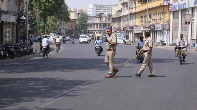 Police men on duty during ‘Bharat Bandh’, which many say, was called by some groups opposed to caste-based reservations in education and jobs, in Jaipur on Tuesday.(Himanshu Vyas/HT)