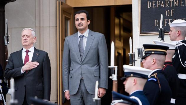 US Secretary of Defense James Mattis (Left) and Qatar’s Emir Sheikh Tamim Bin Hamad Al-Thani at the Pentagon on Monday. (AFP Photo) US Secretary of Defense James Mattis (Left) and Qatar’s Emir Sheikh Tamim Bin Hamad Al-Thani at the Pentagon on Monday. (AFP Photo)