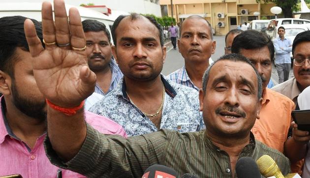 Bharatiya Janata Party MLA from Unnao Kuldeep Singh Sengar speaks to the media outside chief minister's office in Lucknow on Monday.(PTI photo)