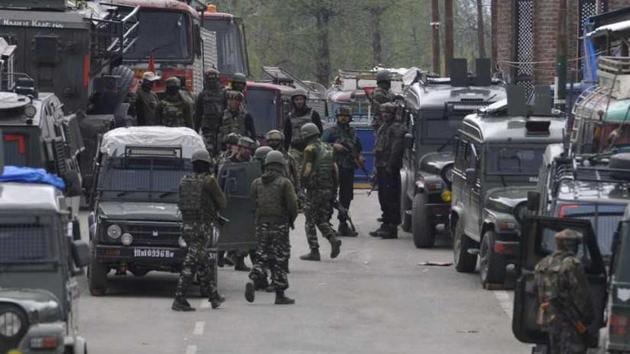 Security forces carry out search operations in south Kashmir’s Kulgam district after a gun battle with militants.