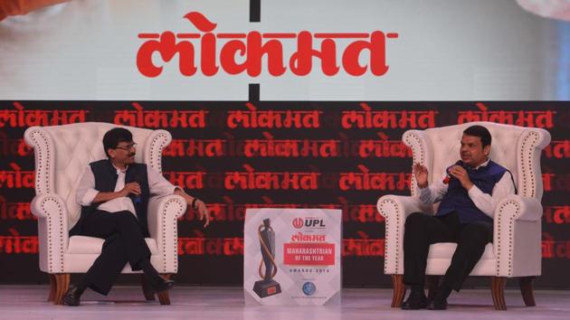 Saamana executive editor Sanjay Raut interviews CM Devendra Fadnavis on Tuesday. (HT Photo) Saamana executive editor Sanjay Raut interviews CM Devendra Fadnavis on Tuesday. (HT Photo)