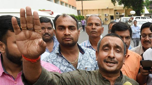 BJP MLA from Unnao Kuldip Singh Sengar speaks to the media outside Chief Minister’s office in Lucknow. He is an accused in the Unnao rape case. (PTI) BJP MLA from Unnao Kuldip Singh Sengar speaks to the media outside Chief Minister’s office in Lucknow. He is an accused in the Unnao rape case. (PTI)