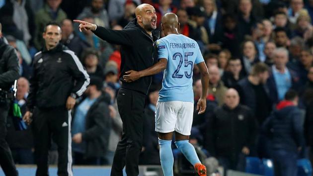 Manchester City manager Pep Guardiola remonstrates with referee Antonio Mateu Lahoz (not pictured) as he walks off at half time during their UEFA Champions league match against Liverpool.(REUTERS)