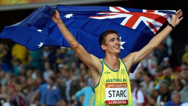 Brandon Starc of Australia celebrates after winning gold in the Men's High Jump event at the Commonwealth Games 2018 in Gold Coast on Wednesday.(PTI)