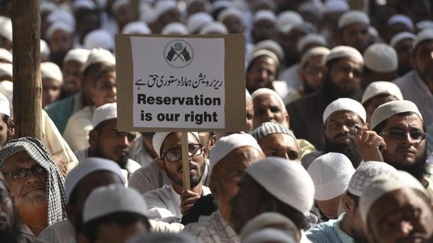 Jamiat Ulama-i-Maharashtra stage a demonstration against uniform civil code and demand 5% reservation, at Azad Maidan in Mumbai in October 2016. During that month, the Law Commission had sought responses from political parties, religious groups and the public at large for comments and suggestions on the issue.(HT File Photo)