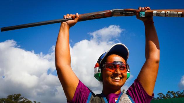 Shreyasi Singh celebrates her gold medal win in women’s double trap shooting in the 2018 Gold Coast Commonwealth Games on Wednesday. (AFP)