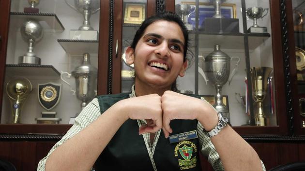 Go-getter: St Anne’s Convent School, Sector 32, Chandigarh, head girl Srishti (who goes by one name) is an international-level softball player who doesn’t fear failure. She simply gets back into the game and gives her best shot.(Keshav Singh/HT)
