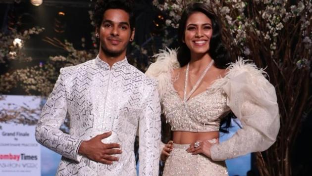 Ishaan Khatter and Malavika Mohanan walk the ramp showcasing collection from Falguni and Shane Peacock on the third day of Bombay Times Fashion Week 2018, in Mumbai on April 1, 2018.(IANS)