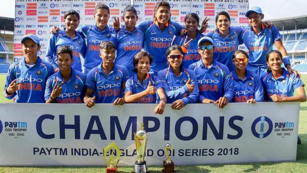 Indian women's cricket team members pose after defeating England by eight wickets in the 3rd ODI in Nagpur on Thursday. (PTI) Indian women's cricket team members pose after defeating England by eight wickets in the 3rd ODI in Nagpur on Thursday. (PTI)