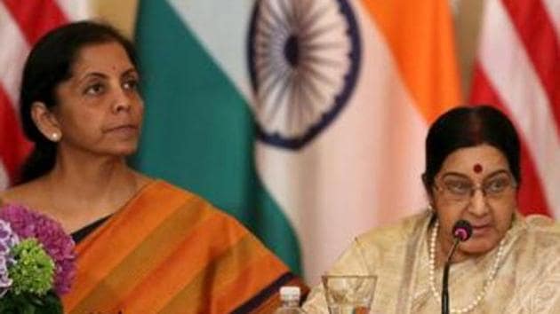 Defence Minister Nirmala Sitharaman (L) and External Affairs Minister Sushma Swaraj (C) at the US-India Strategic & Commercial Dialogue plenary session at the State Department in Washington September 22, 2015. (REUTERS File Photo) Defence Minister Nirmala Sitharaman (L) and External Affairs Minister Sushma Swaraj (C) at the US-India Strategic & Commercial Dialogue plenary session at the State Department in Washington September 22, 2015. (REUTERS File Photo)