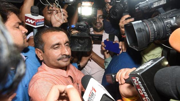 BJP MLA Kuldeep Singh Sengar outside the office of the Senior Superintendent of Police in Lucknow, on Wednesday.(PTI Photo)