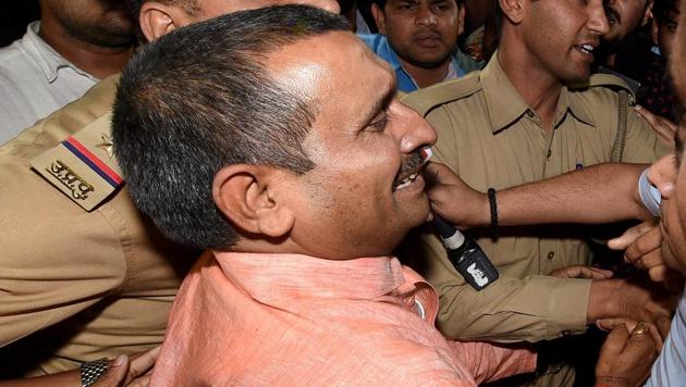 BJP MLA from Unnao Kuldip Singh Sengar, accused in a rape case, out side of the office of the Senior Superintendent of Police in Lucknow on Wednesday night.(PTI Photo)