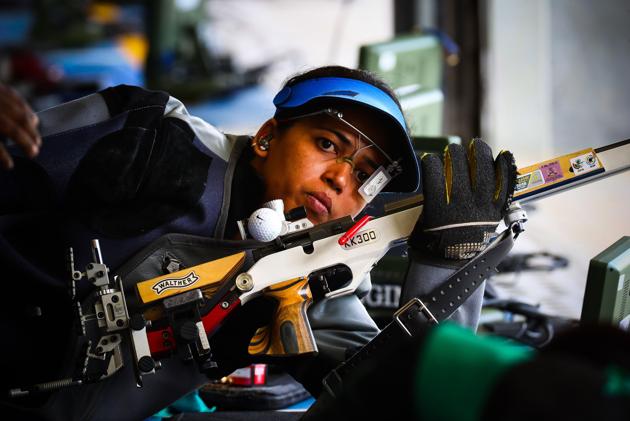 Tejaswini Sawant brought her years of experience into play en route to claiming the silver medal in the women’s 50m rifle prone event . (AFP) Tejaswini Sawant brought her years of experience into play en route to claiming the silver medal in the women’s 50m rifle prone event . (AFP)