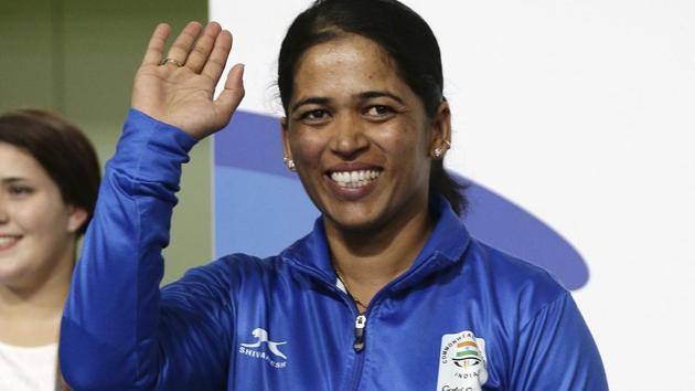 Tejaswini Sawant of India waves after winning the silver medal during the women's 50m Rifle Prone final at the Belmont Shooting Centre during the 2018 Commonwealth Games in Brisbane, Australia, Thursday.(AP)