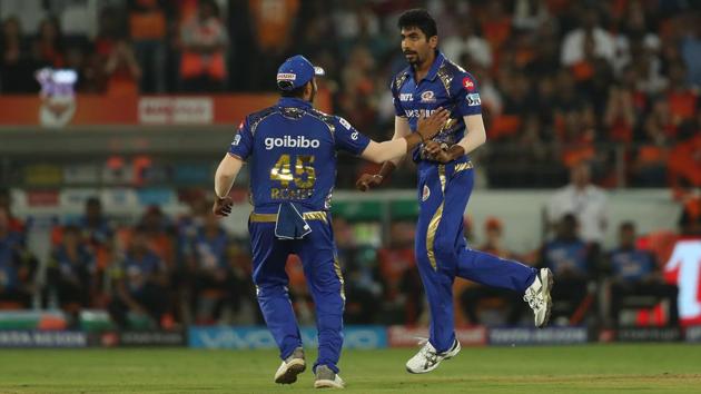 Jasprit Bumrah of the Mumbai Indians celebrates the wicket of Rashid Khan of the Sunrisers Hyderabad. (IPL) 