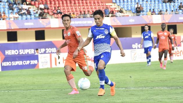 Sunil Chhetri helped Bengaluru FC defeat NEROCA FC 3-1 in a Super Cup quarter-final at the Kalinga Stadium on Friday.(AIFF)