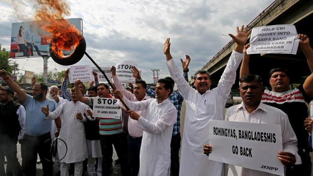Activists shout slogans during a protest in support of various demands, including deportation of Rohingyas and Bangladeshi nationals from Jammu, and a CBI probe into the rape and murder of a girl in Kathua.(Reuters File Photo)
