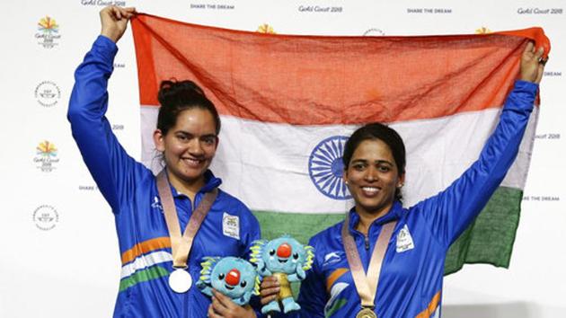 Tejaswini registered a new Games record 457.9 points to take the title. Anjum scored 455.7. (AP)