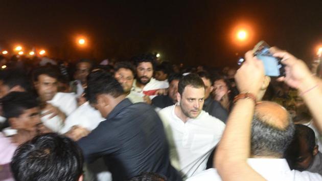 Congress president Rahul Gandhi led a “silent march” in Delhi on Thursday night to protest the gang rape and murder of a child in Jammu and Kashmir and a teenager’s allegation of rape against a Bharatiya Janata Party lawmaker in Uttar Pradesh. (Raj K Raj / HT Photo) Congress president Rahul Gandhi led a “silent march” in Delhi on Thursday night to protest the gang rape and murder of a child in Jammu and Kashmir and a teenager’s allegation of rape against a Bharatiya Janata Party lawmaker in Uttar Pradesh. (Raj K Raj / HT Photo)