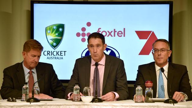 Cricket Australia chief executive James Sutherland (C) speaks at a press announcement with chief executive officer of Seven West Media, Tim Worner (L), and chief executive officer of Foxtel, Patrick Delany (R), in Sydney on April 13, 2018. Pay-TV company Foxtel and the free-to-air Seven Network on April 13 won a bidding war for television and digital cricket rights in Australia, signing a deal worth almost 918 million USD. (AFP) Cricket Australia chief executive James Sutherland (C) speaks at a press announcement with chief executive officer of Seven West Media, Tim Worner (L), and chief executive officer of Foxtel, Patrick Delany (R), in Sydney on April 13, 2018. Pay-TV company Foxtel and the free-to-air Seven Network on April 13 won a bidding war for television and digital cricket rights in Australia, signing a deal worth almost 918 million USD. (AFP)