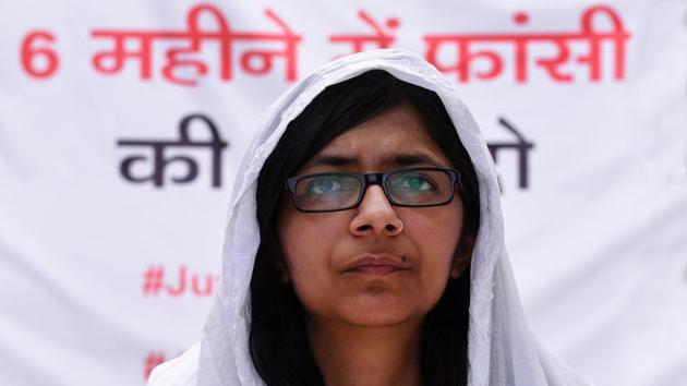 Delhi Commission for Women (DCW) Chief Swati Maliwal during an indefinite hunger strike against Unnao and Kathua rape incident near Rajghat, New Delhi. (Mohd Zakir / HT Photo) Delhi Commission for Women (DCW) Chief Swati Maliwal during an indefinite hunger strike against Unnao and Kathua rape incident near Rajghat, New Delhi. (Mohd Zakir / HT Photo)