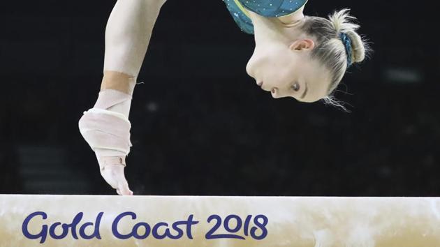 Australia's Emily Whitehead competes on the balance beam during the women's team artistic gymnastics finals on April 6, 2018. (Dita Alangkara / AP)