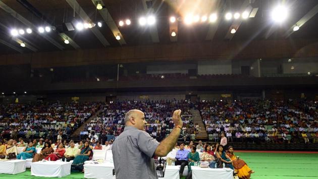 Deputy chief minister Manish Sisodia addresses Government school principals and teachers during the launch of 'Mission Buniyaad’ at Thyagaraj Stadium, in New Delhi on April 11, 2018. (Sonu Mehta / HT Photo) Deputy chief minister Manish Sisodia addresses Government school principals and teachers during the launch of 'Mission Buniyaad’ at Thyagaraj Stadium, in New Delhi on April 11, 2018. (Sonu Mehta / HT Photo)