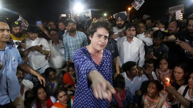 Congress leader Priyanka Gandhi Vadra takes part in a candle light vigil at India Gate to protest Unnao and Kathua rapes in New Delhi on Thursday.(PTI Photo)