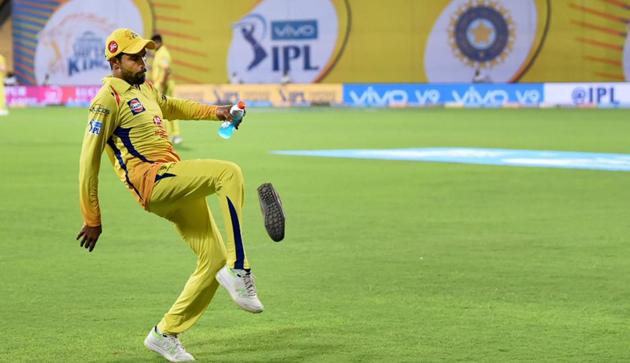 CSK player R Jadeja kicks a shoe hurled into the ground during the IPL match between Chennai Super Kings and Kolkata Knight Riders, in Chennai on Tuesday night. (PTI) CSK player R Jadeja kicks a shoe hurled into the ground during the IPL match between Chennai Super Kings and Kolkata Knight Riders, in Chennai on Tuesday night. (PTI)