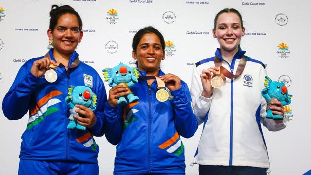 Get highlights of 2018 Commonwealth Games in Gold Coast here. Indian shooter Tejaswini Sawant (C) won gold, Anjum Moudgil (L) silver and Scotland's Seonaid McIntosh bronze in the women's 50m rifle 3 positions finals at the 2018 Commonwealth Games in Gold Coast.(AFP)