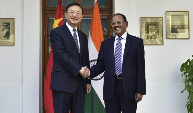 National Security Advisor Ajit Doval with then Chinese State Councillor Yang Jiechi in New Delhi in December last year. The two top officials are learnt to have held wide-ranging discussions on the current state of bilateral ties in Shanghai on Friday.(PTI/File Photo)