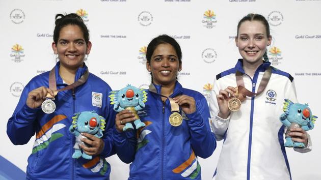 Tejaswini Sawant of India won gold while Anjum Moudgil settled for silver in the Women’s 50m Rifle 3 Positions at the 21st Commonwealth Games. (AP)