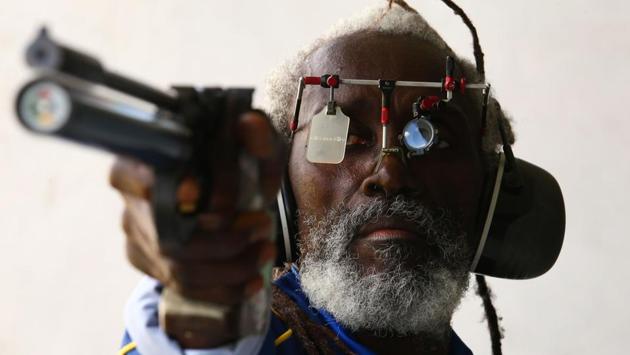 Barbados’ Bernard Chase is pictured as he takes part in the 10m air pistol men's qualification shooting final at the Belmont Shooting Complex in Brisbane on April 9, 2018. (Patrick Hamilton / AFP)
