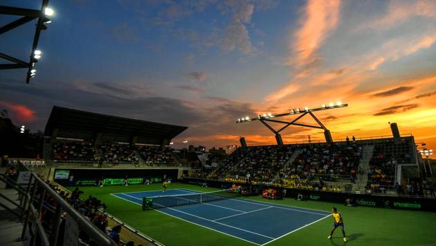 A view of Raquet Park during a Davis Cup Americas Zone Group I second round singles tennis match between Brazilian tennis player Guilherme Clezar and Colombian tennis player Daniel Galan in Barranquilla, Colombia. (Luis Acosta / AFP) A view of Raquet Park during a Davis Cup Americas Zone Group I second round singles tennis match between Brazilian tennis player Guilherme Clezar and Colombian tennis player Daniel Galan in Barranquilla, Colombia. (Luis Acosta / AFP)